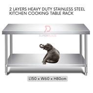 L150xW60xH80cm 2 Tiers Stainless Steel Kitchen Table Storage Heavy Duty Cooking Table Rack