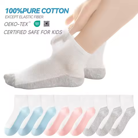Children's Pure Cotton Mesh Boneless Summer Thin Ankle Socks – Color-Block Design, Stain-Resistant, 