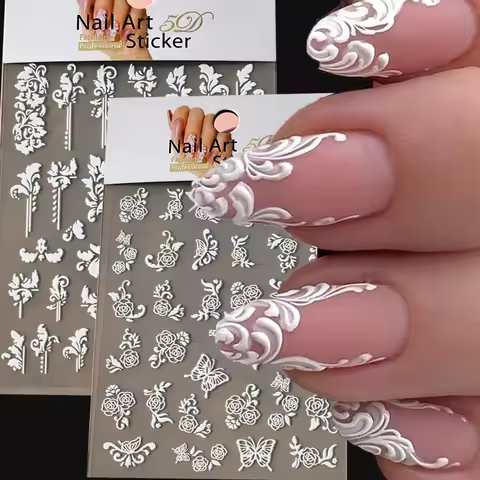 5D White Face Flowers Nail Art Stickers 8x10cm Elegant Wedding Bride White Floret Nail Decal Self-Ad