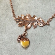 Copper Oak Leaf Acorn Pine Cone Yellow Mookaite Jasper Pendant Necklace Jewelry