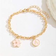 1pc Y2K Sweet Cute Pink Enamel Flower & Initial Letter Charm Link Bracelet, Dainty Gold Sweet Jewelr