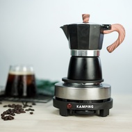 set (Kamping) สีดำ เตาไฟฟ้า และ หม้อต้มกาแฟ  150 ml. moka pot สไตล์อิตาลี หม้ออลูมิเนียม แปดเหลี่ยม เครื่องชงกาแฟ หม้อกาแฟ
