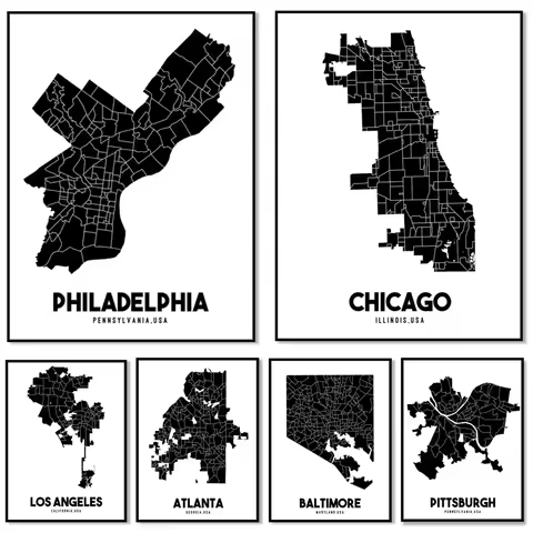 Philadelphia Neighborhood, New York City, Chicago, Atlanta Neighborhood Map Poster Canvas Print Home
