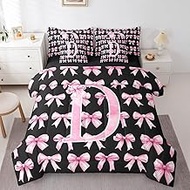 Pink and Black Bow 7 Piece Bedding Set Twin Size Initial Coquette Ribbon Bow Comforter Set with Shee