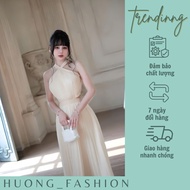 Huong fashion long pleated dress with halter neck