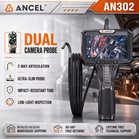 Endoscope Camera ANCEL AN302 6.5mm Two Way Articulating Dual Lens IP67 7 LED 4.3 Inch Car Industrial