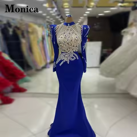 MONICA Luxury Pearls Evening Dresses for Women Rhinestones Trumpet Full Sleeves Prom Dress Vestidos 