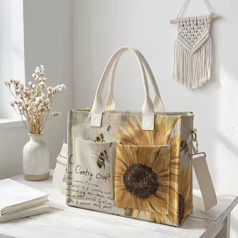 Sunflower And Bumblebee Print Corduroy Tote Bag Large Capacity Multi Pocket Detachable Crossbody Sho