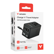 Verbatim 旅行充電器 35W 通用旅行轉插 (附USB-C可伸縮充電線) USB 旅行轉插 智能充電 國際轉插 伸縮插蘇 快充火牛 USB充電器 叉電器 國際安全認證