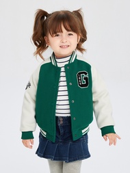 女幼童裝|Logo印花圓領棒球外套-白綠拼接