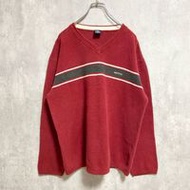 古著 NAUTICA 長袖 V 領針織毛衣，帶單一標誌刺繡，紅色，超大號，XL 碼