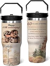 60th Wedding Anniversary Tumbler with Handle and Straw, Diamond Wedding 60th Anniversary Stainless S