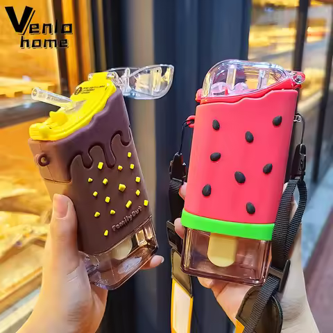 Cute Ice Cream Plastic Water Bottle With Straw Strap Popsicle Water Bottle Watermelon Kettle Leakpro