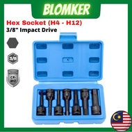 3/8" Square Drive Impact Socket 7 Piece Hex Key Socket Set H4 H5 H6 H7 H8 H10 H12 (4mm-12mm) Cr-Mo M