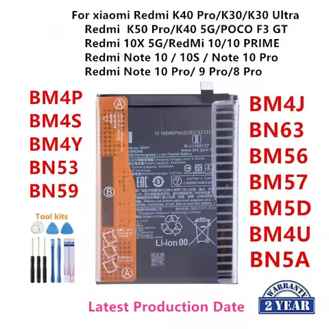 100% Orginal BM4P BM4S BM4Y BN53 BN59 BM4J BN63 BM56 BM57 BM5D BM4U BN5A Battery For Xiaomi Redmi K5