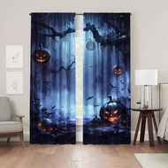 2PCS Halloween Themed Printed Curtains With Dark Pumpkin, Withered Tree, Bat And Other Patterns, Cur
