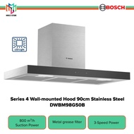 Bosch DWBM98G50B Series 4 Wall-mounted Range Cooker Hood 90cm Stainless Steel 800 m³/h Suction Power