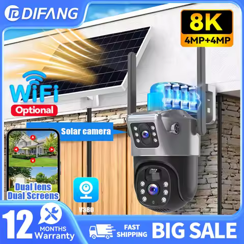 V380 8MP Dual Lens Solar Security Camera Outdoor WiFi PTZ 2 Screens AI Auto Tracking Alarm 7/24H Rec