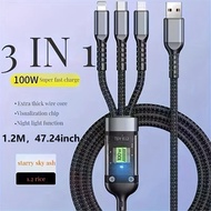 Fast Charging Cable 100W 3 in 1 6A Nylon Braided USB C Type-C Charger Data Cable Kabel Pengecas Cepa