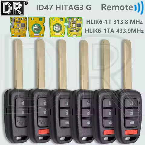DR HLIK6-1T 313.8MHz HLIK6-1TA 433.9MHz ID47 PCF7961X Car Remote Key For Honda Civic Accord City CR-
