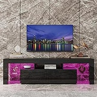 Qiyom Modern High Gloss LED TV Stand for TVs Up to 70", Media Console with 2 Drawers and 2 Glass Shelf, Rustic Entertainment Center for Living Room - Black