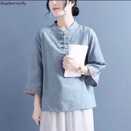 ผ้าฝ้ายแท้ผ้าลินิน Jacquard ปักเสื้อแขนสามในสี่ของผู้หญิง2022ใหม่สไตล์จีนย้อนยุคปุ่มยืนปกสั้นท็อปส์เสื้อหญิง