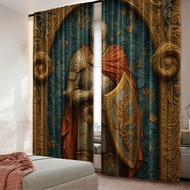2pcs 2D flat printing Party Window Curtains Knight Warrior Armor Sword Shield Fabric Without Electri