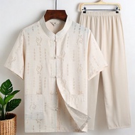 Cotton Linen Short-Sleeved Summer Clothes Elderly Clothes Middle-Aged Elderly Hanfu Grandpa Chinese 
