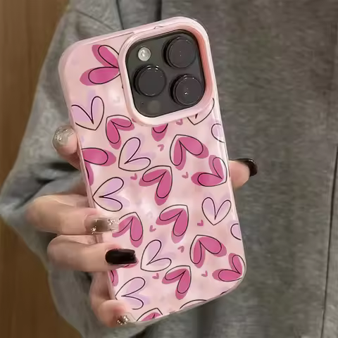 Full Screen Pink Love Heart Phone Case For iPhone 17 Pro Max 16 15 14 13 12 11 Pro Max Plus Candy Co