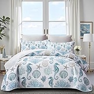 Coastal Bedding Twin Size Coastal Quilt with Shams, Nautical Beach Comforter Sets Ocean Bedspreads B