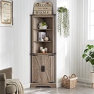 OKD Tall Corner Cabinet, Farmhouse Storage Cabinet with Barn Door Design &amp; Adjustable Shelves, Home Space Saver for Bathroom, Living Room, Laundry Room, Light Rustic Oak