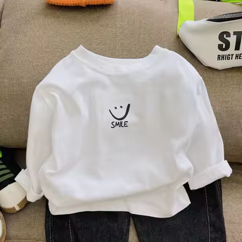 1-7T Kids Boys Spring Basic T-shirt Children Autumn Long Sleeved White Pullover Baby Girls Pure Cott
