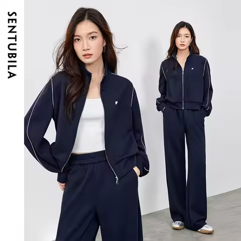 SENTUBILA 2 Piece Sets Women Outfit Embroidery Knitted Sweatshirt Tracksuit Straight-leg Pants Casua