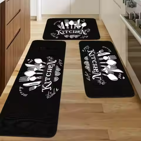 3-Piece Black Kitchen Mat Set with Cutlery Print, Non-Slip, Soft & Easy Clean