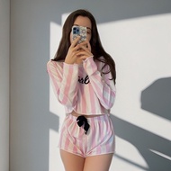 ELF TRIBE Striped Pajamas for Women Casual Long-sleeved T-shirt Shorts Ladies Homewear 2-piece Set