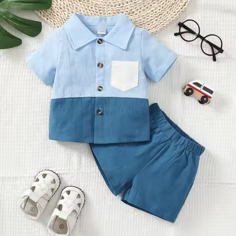 2PCS Summer Toddler Boy Clothing set Color Block Matching Short Sleeve Suit Fashion Handsome Party O