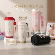 500ml Leakproof Stainless Steel Thermos Dual-Drink Lid with Straw Portable Floral Coffee Cup with St