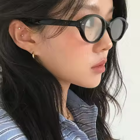 Retro Fashion Trend Oval Small Black Frame Glasses With Natural Ins Decoration For Face Shape,Anti B