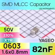 82nF 0603 50V X7R ±10% SMD MLCC Ceramic Capacitor Yageo CC0603KRX7R9BB823