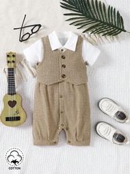 SHEIN 2入組嬰兒男童優雅復古學院風折領紳士套裝,適用於春夏戶外活動