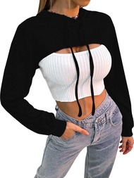 Women Long Sleeve Cropped Super Crop Top Hoodies Sweatshirt Aesthetic Punk Hip Hop Dance Sexy Rave C