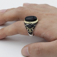 Promo 925 Sterling Perak Untuk Pria Cincin Dengan Oval Hitam Alami Onyx Batu Cincin Perdamaian Simbol Untuk Pria Thai Perak Turki Perhiasan