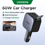 UGREEN 60W Car Charger / Triple Three 3 Ports USB-A USB-C Type A Type C / Fast Charging Retractable 