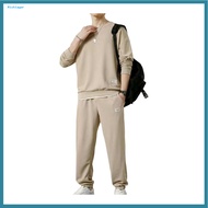 Waffle Texture Athleisure Suit Men's Sportswear Set Long Sleeve Pullover Sweatpants Suit with Drawst