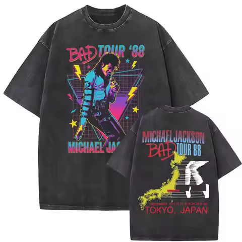 Vintage Washed King of Pop Bad Tour '88 Michael Jackson Retro 80s Concert T-shirts Men Women High Qu