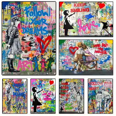 Banksy Art Print, Ballon Girl Keep Smiling Room Decor, Graffit Wall Art, Bedroom Decor, Canvas Paint
