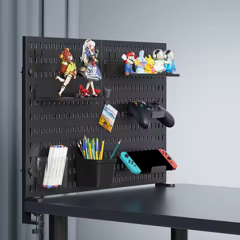 Standing office pegboard storage. No - drill, clip - on desktop rack with numerous DIY accessories.