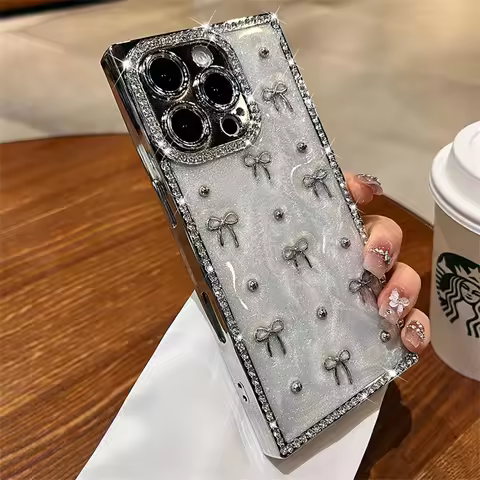 Luxury Rhinestone Bow Glitter Glossy Phone Case For iPhone 17 16 15 14 13 Pro Max Plus Lens Camera P