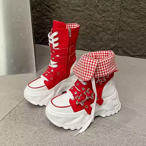 Single Boots Autumn New Round Toe Front Lace-Up Platform Non-Slip Mid-Tubular Boots Size Up To 42