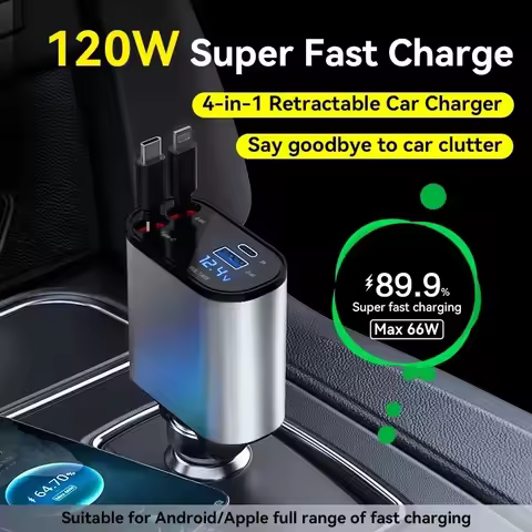 120 Watt Car Charger 4in1 Retractable Car Cigarette Lighter Adapter USB Type C Super Fast Charger Sw